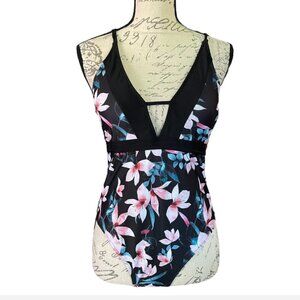 Sporlike NWT Sz XL tropical pink floral print. Swimsuit V neck With Sarong